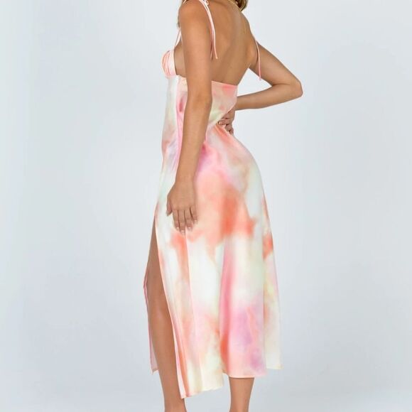 Princess Polly Pink Carsa Tie Dye Satin Tie Strap Midi High Slit Slip Dress 12US - Picture 5 of 12